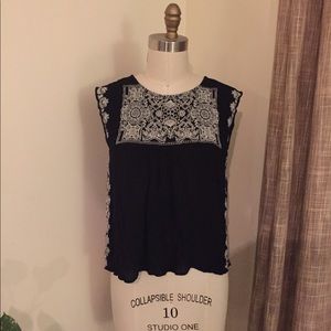 Forever 21 Black Tank with White Embroidery